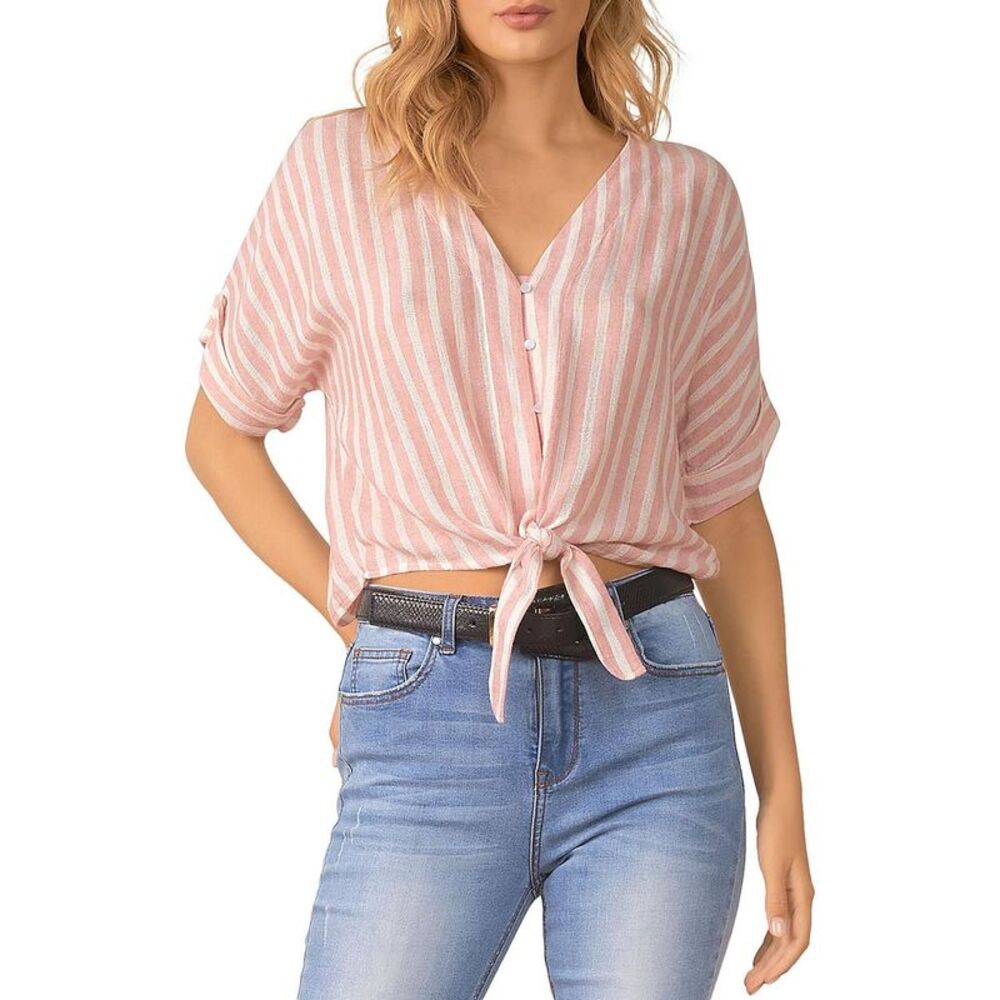 Elan Womens Pink Button Up Tie Front Blouse Cropped Shirt NWOT